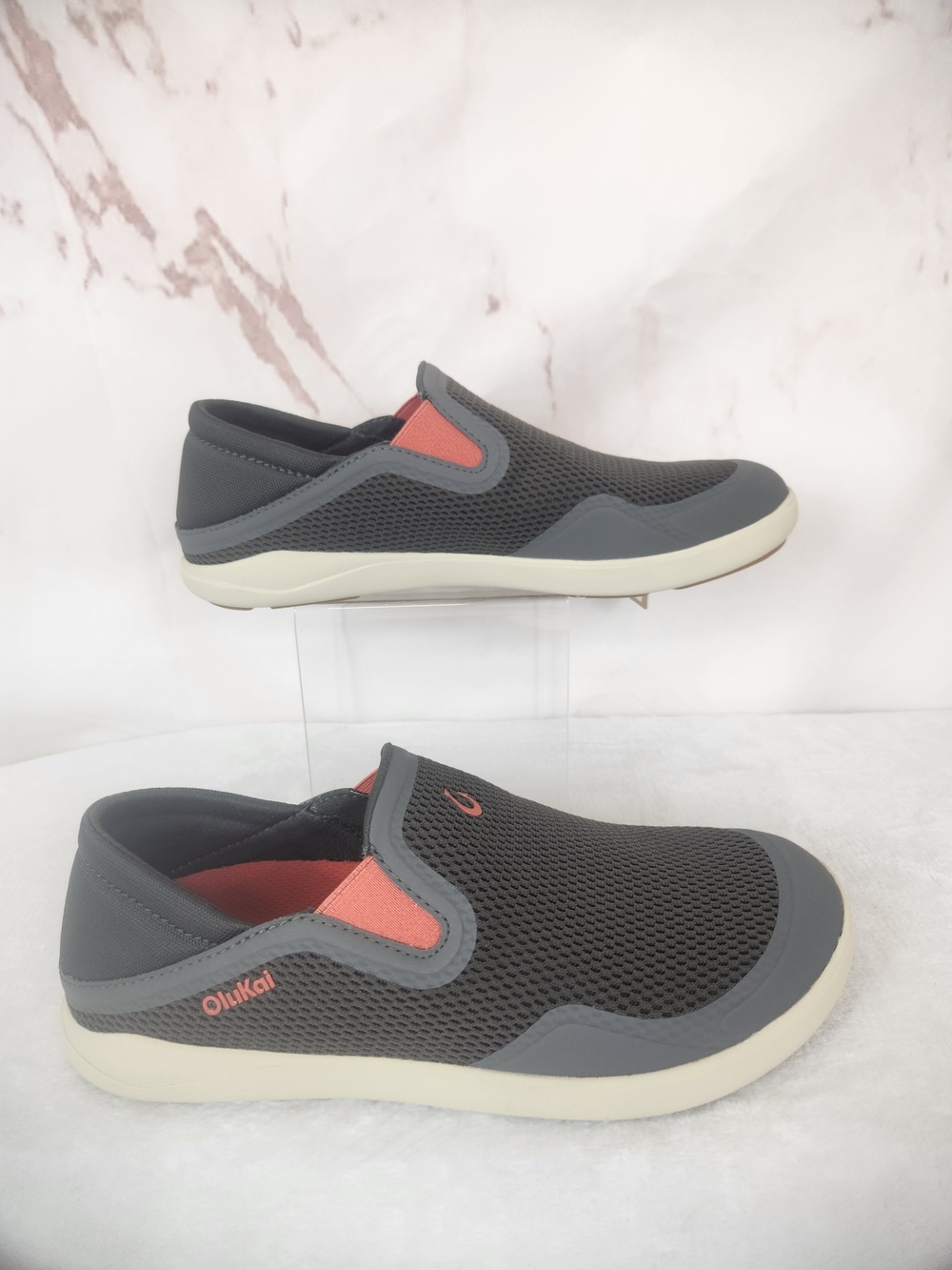 NWT Olukai Men's Gray Slip-On Mesh Shoes with Orange Accents